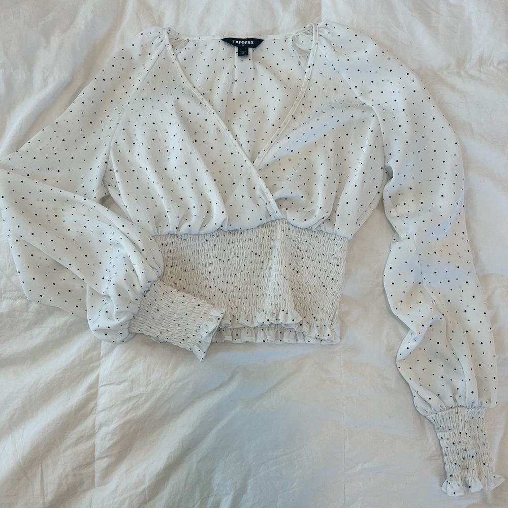 Express White Puff Sleeve Blouse with Wrap Style and Ruched Details